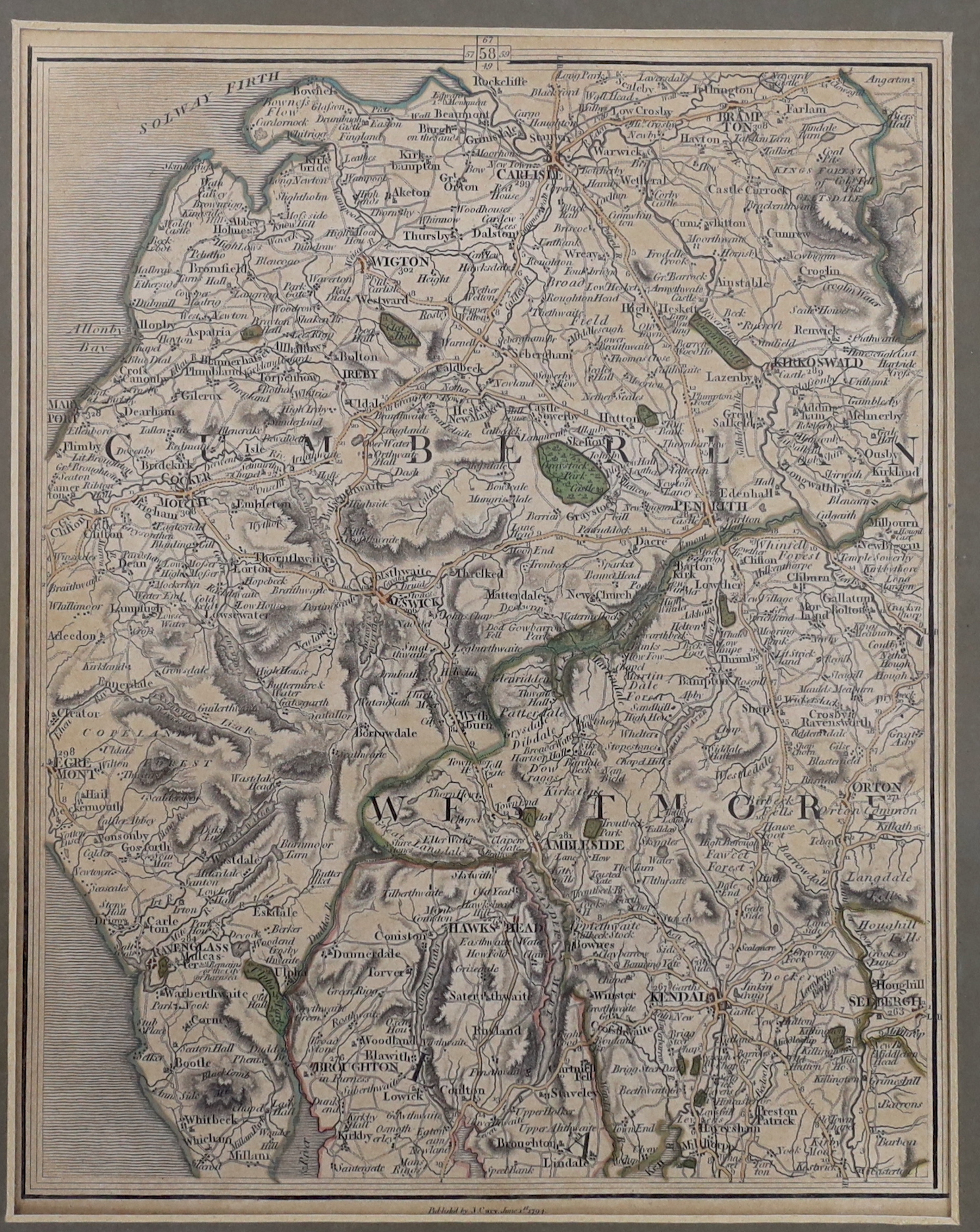 John Cary (1754-1835), 18th century hand coloured engraving, map of Cumbria and Westmorland, publ. 1st June 1794, 26 x 20cm